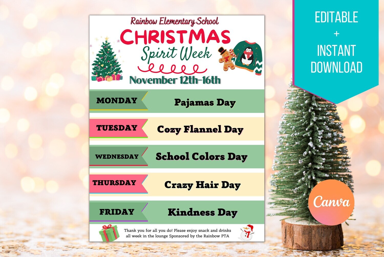 Christmas  Spirit Week Editable Itinerary Schedule | Printable DIY Spirit Week | School PTO/ PTA  Monthly Planner Flyer Instant Download