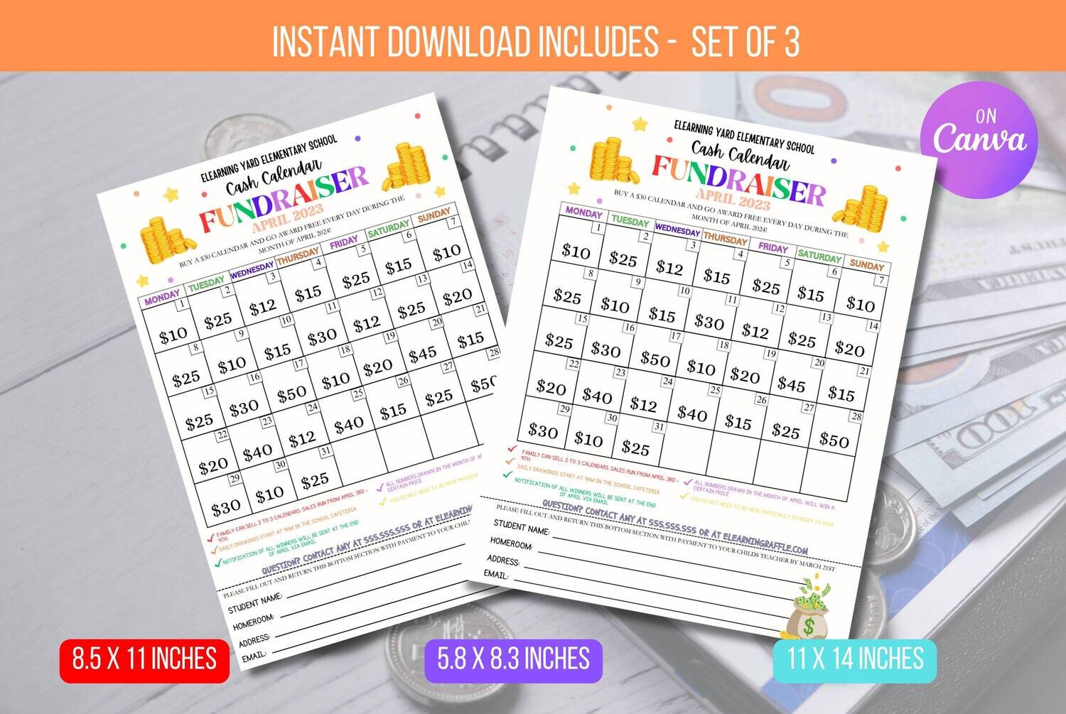EDITABLE Cash Calendar Fundraiser Flyer Template, School Non-Profit Fundraiser Event Sheet, School PTA PTO Event Instant Download