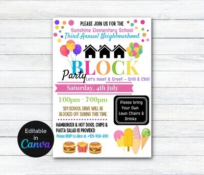 Block Party Invitation, Editable, Street Party, Community dinner flyer, neighborhood block party flyer,  Neighborhood Open House Invitation.