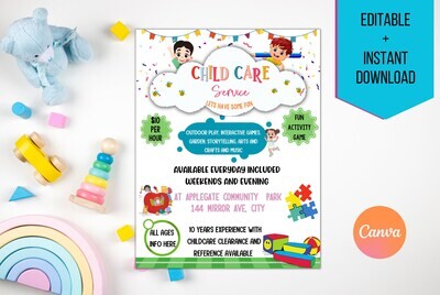 Child care Flyer Template, baby sitting, playtime theme, daycare poster, play centre, editable event, PTO, children fun, after school care.