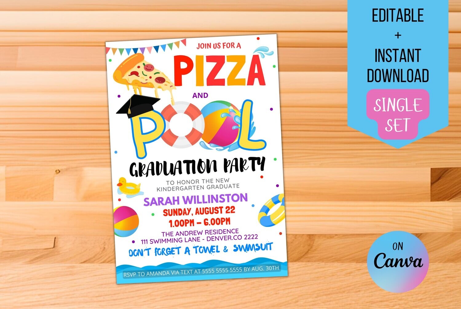 Pizza and Pool Party Graduation Invitation, Printable Grad Invite Preschool Kindergarten, High School Grad Party Summer Backyard, EDITABLE