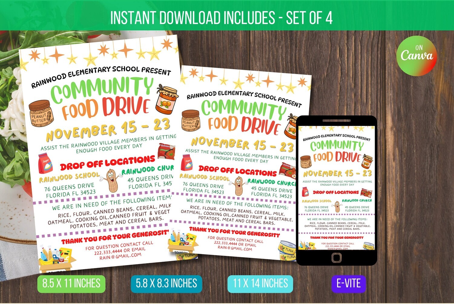 EDITABLE Community Food Drive Flyer, School Church Fundraiser Invite, PTA PTO Community Fundraiser Flyer Template Instant Download