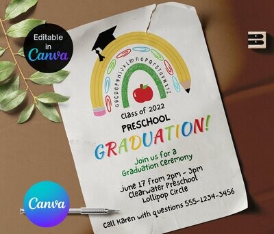 EDITABLE Preschool Graduation Invitation, Preschool Pre K Graduation Ceremony Invite, Colourful graduation Invitation Digital