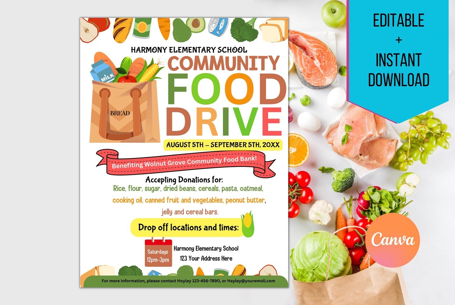 Editable Food Drive Flyer, School Church Fundraiser Invite, PTA PTO Community Fundraiser Flyer Template