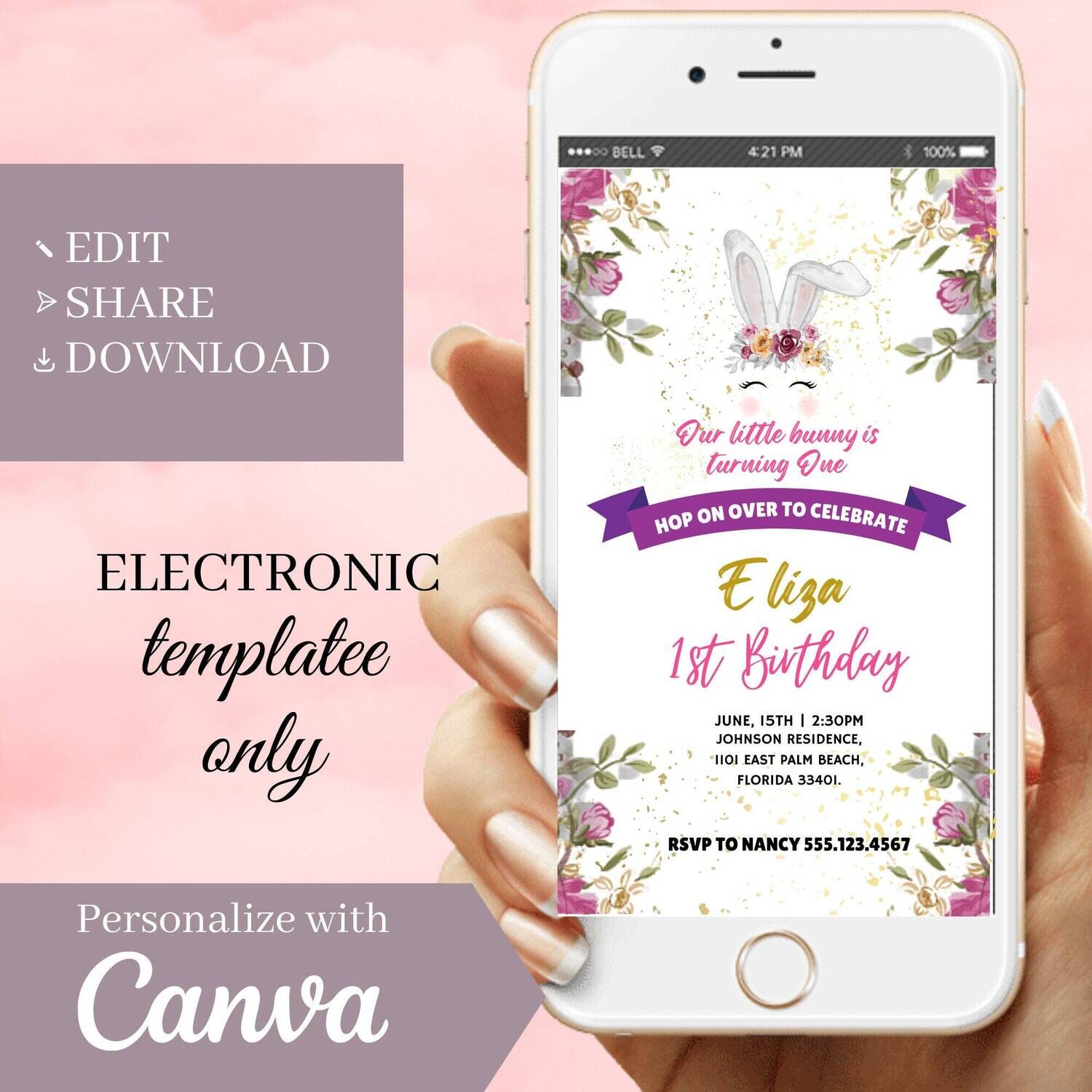 Cute Bunny Electronic Birthday Invitation Template Digital Download, Editable First Birthday Girl Easter Evite Paperless Canva Invite