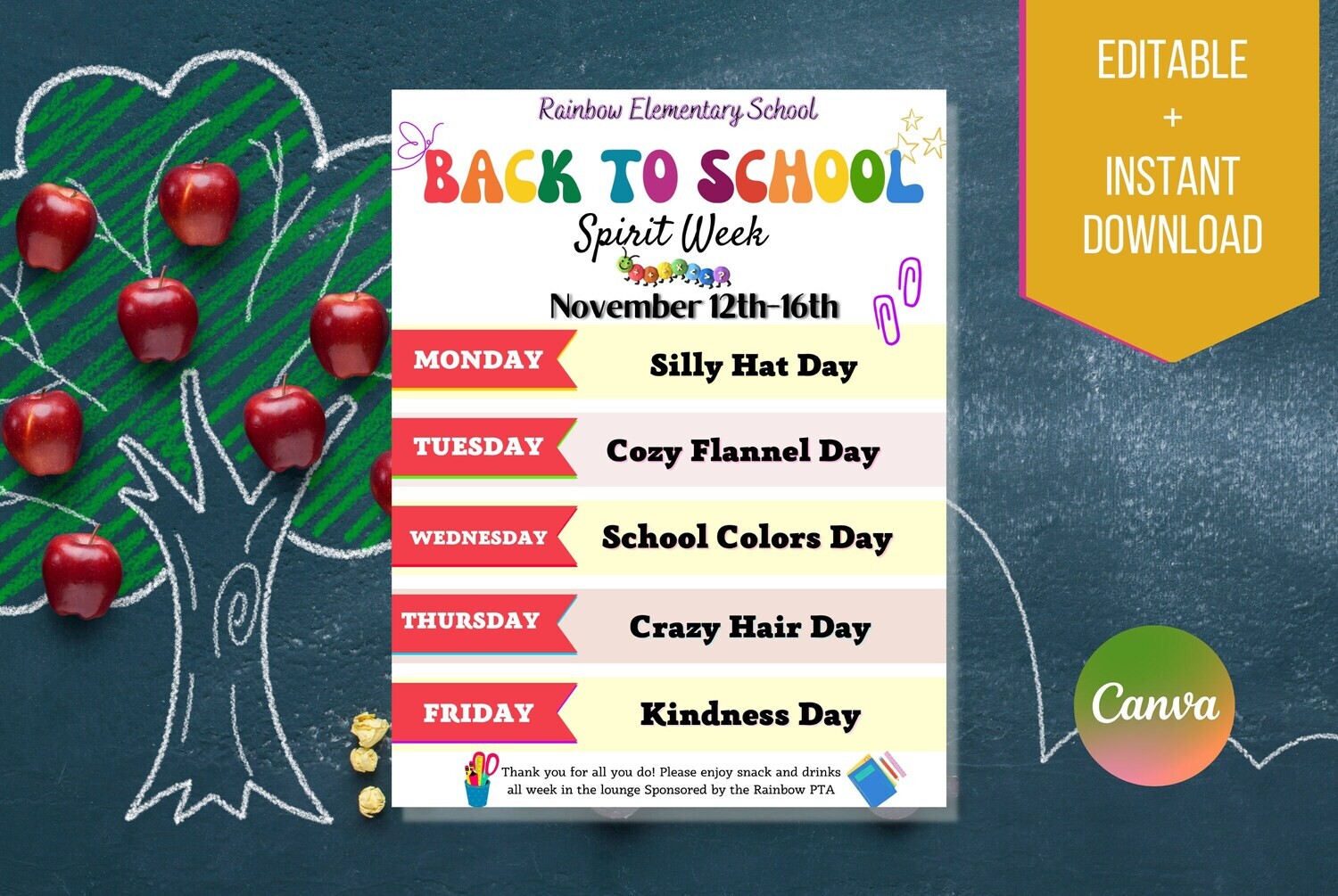 Back To School Spirit Week Editable Itinerary Schedule | Printable DIY Spirit Week | School PTO/ PTA  Monthly Planner Flyer Instant Download