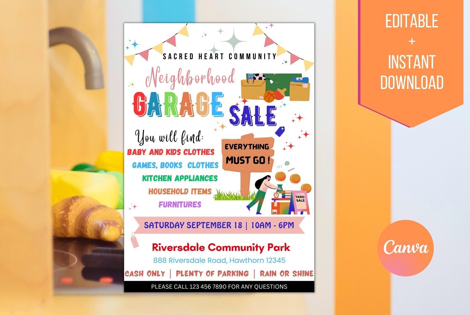 EDITABLE Garage Sale Flyer Template, Neighborhood Yard Sale Template, School Church Flyer Fundraiser, Sale Event Template