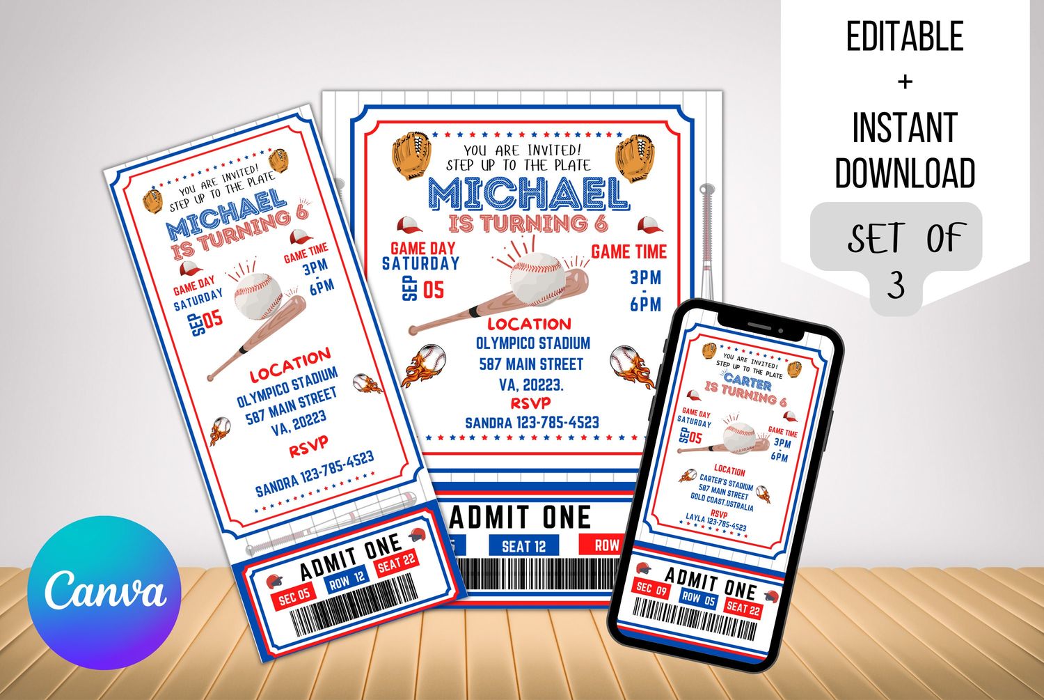 Baseball Invitation - Birthday - Sports Ticket Style, Phone invitation Instant Download template, Electronic birthday invitation template