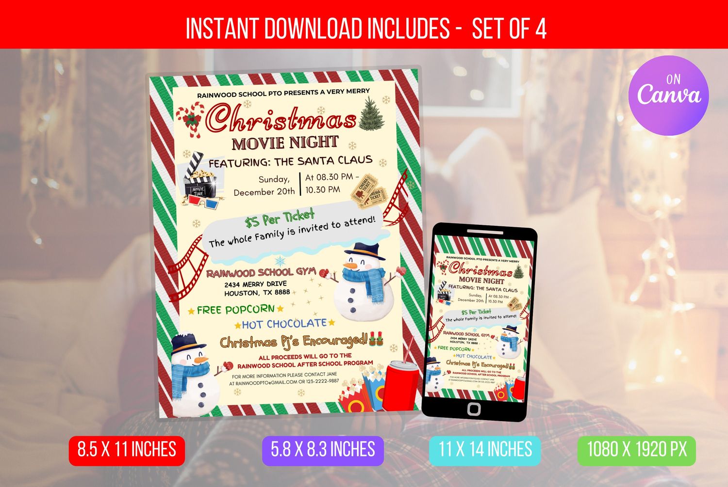 EDITABLE Christmas Movie Night Flyer, School Church Fundraiser Invite, PTA PTO Community Fundraiser Event Flyer Template Instant Download