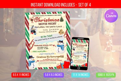 EDITABLE Christmas Movie Night Flyer, School Church Fundraiser Invite, PTA PTO Community Fundraiser Event Flyer Template Instant Download