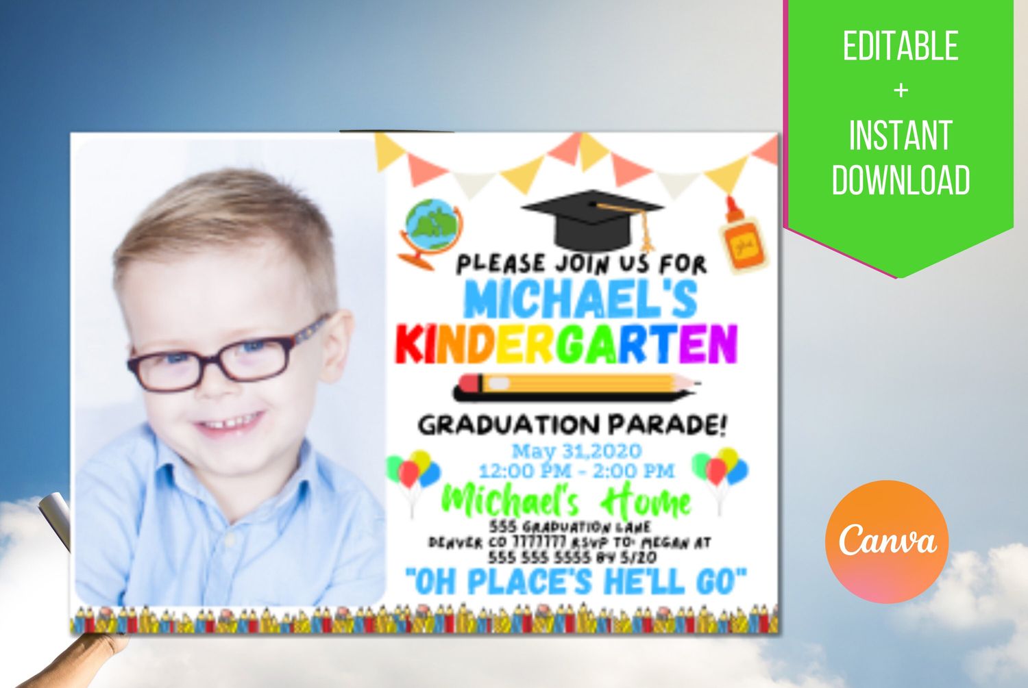 Drive By Graduation Parade Party Invitation, Virtual Online Preschool Kindergarten School Party Invitation, Digital Kids Editable Template
