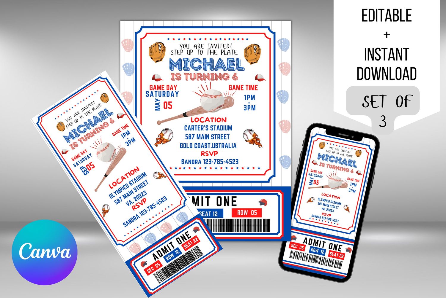 Baseball Invitation - Birthday - Sports Ticket Style, Phone invitation Instant Download template, Electronic birthday invitation template