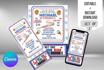 Baseball Invitation - Birthday - Sports Ticket Style, Phone invitation Instant Download template, Electronic birthday invitation template