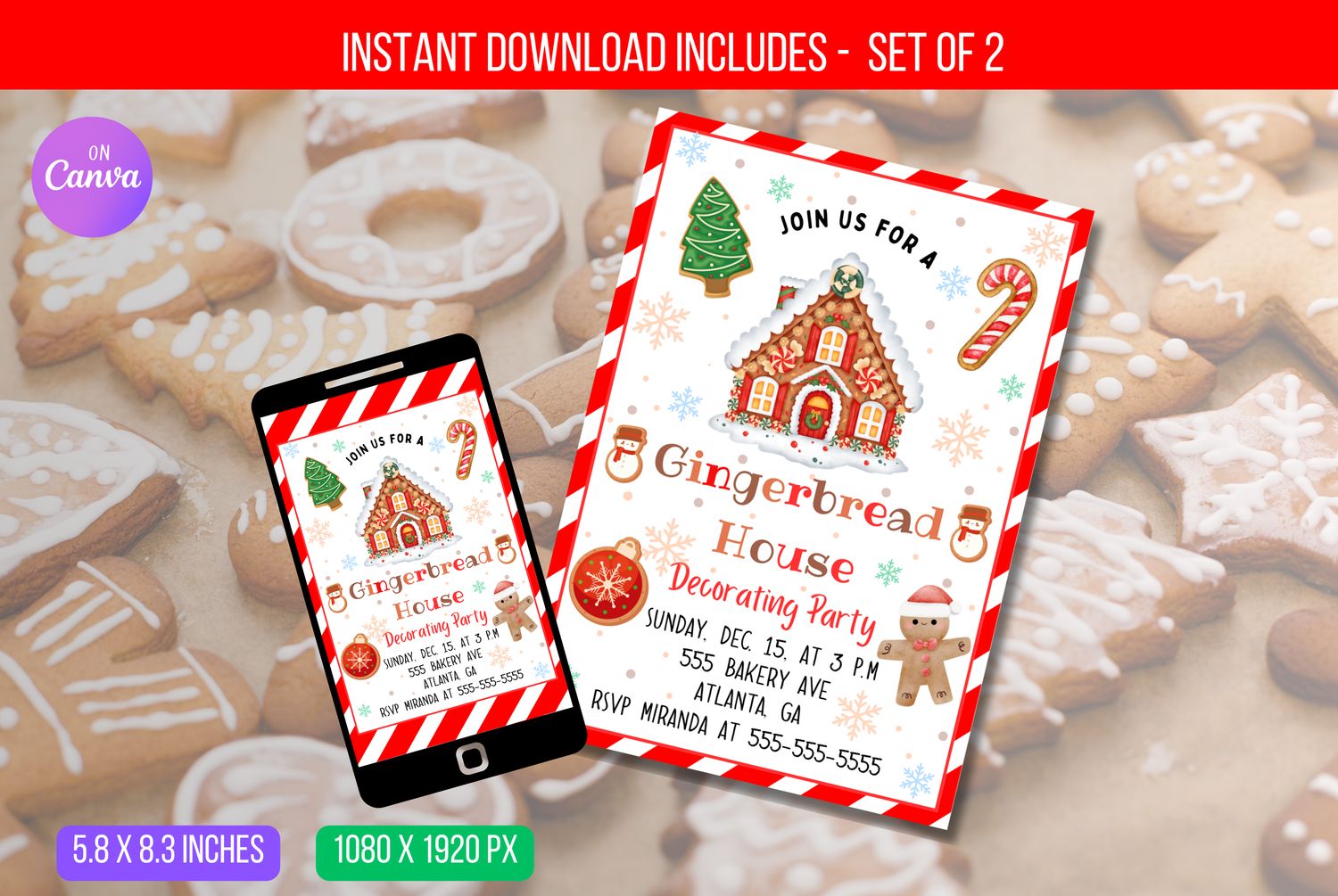 Gingerbread House Decorating Party Invitation, Editable Kids Christmas Party Invite, Holiday Cookie Party, Gingerbread, Instant Download