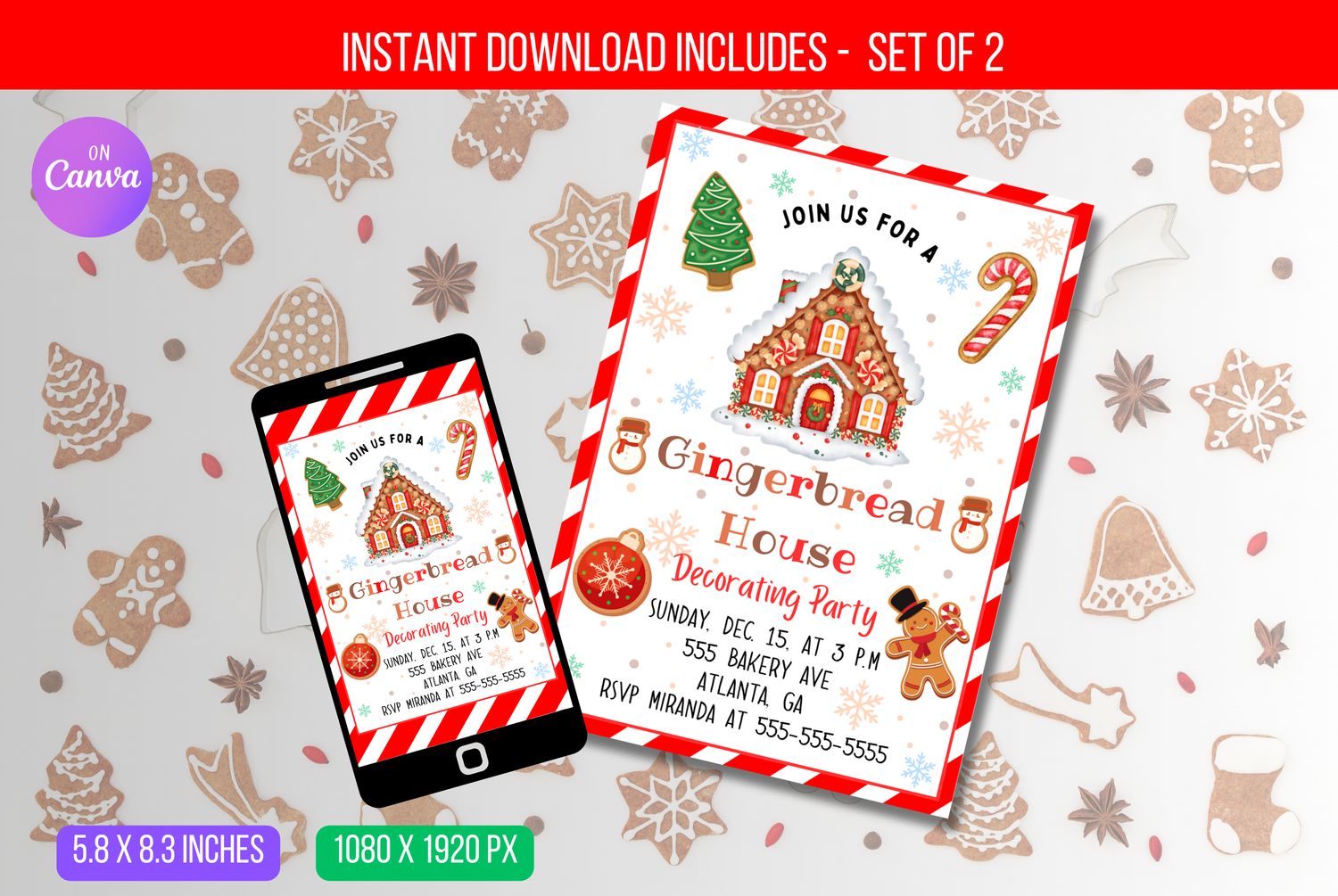 Gingerbread House Decorating Party Invitation, Editable Kids Christmas Party Invite, Holiday Cookie Party, Gingerbread, Instant Download