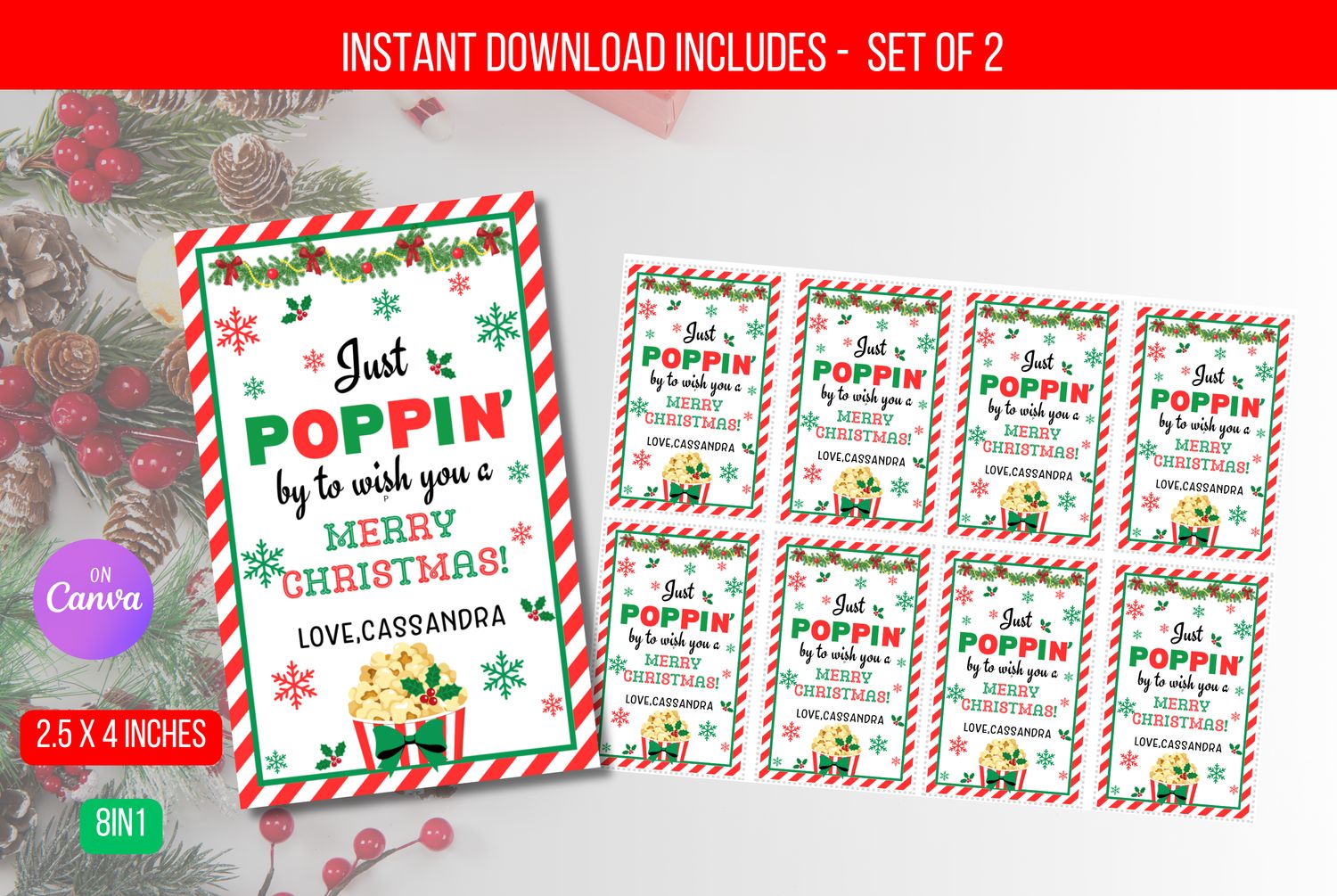 EDITABLE Merry Christmas Popping By Tag, Just Popping By to Wish You A Merry Christmas Tag Label Digital Template Instant Download