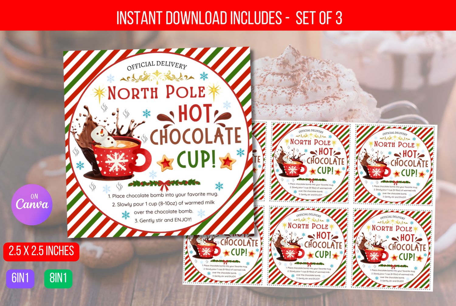 Editable Elf Hot Chocolate Bomb Tags, Hot Cocoa Bomb Instructions Favor Tags, Cookies and Cocoa Christmas gift tag, Christmas Labels