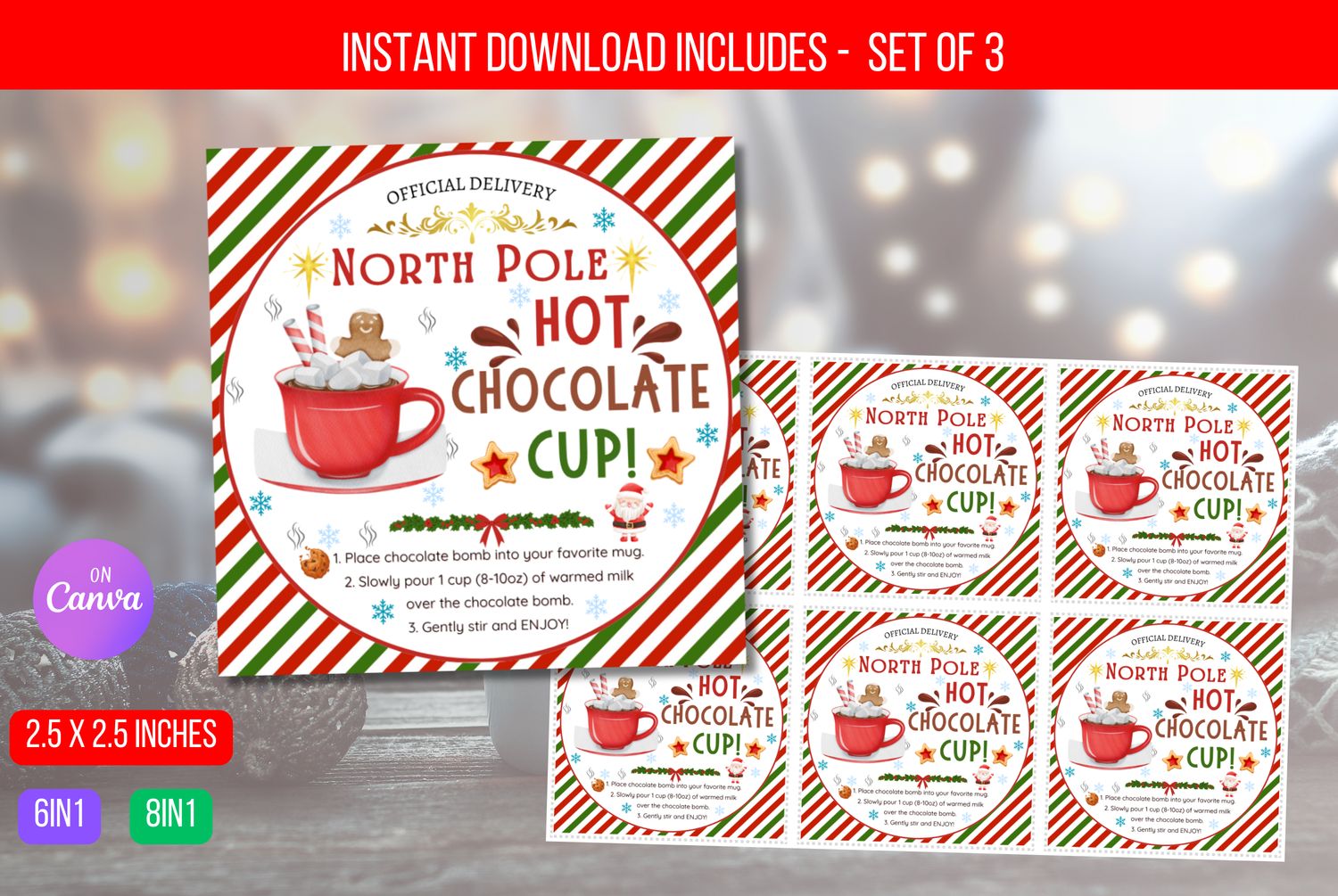 Editable Elf Hot Chocolate Bomb Tags, Hot Cocoa Bomb Instructions Favor Tags, Cookies and Cocoa Christmas gift tag, Christmas Labels