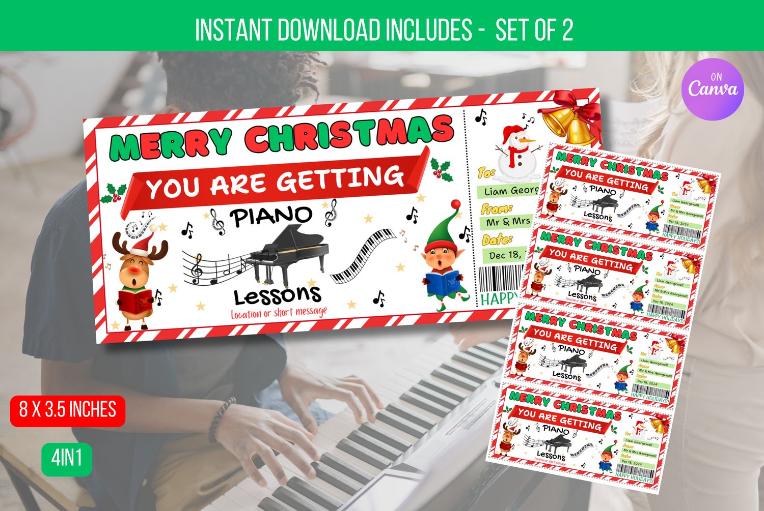 EDITABLE Piano Lessons Christmas Gift Voucher, Surprise Piano Lessons Gift Certificate Printable, Surprise Ticket Instant Download