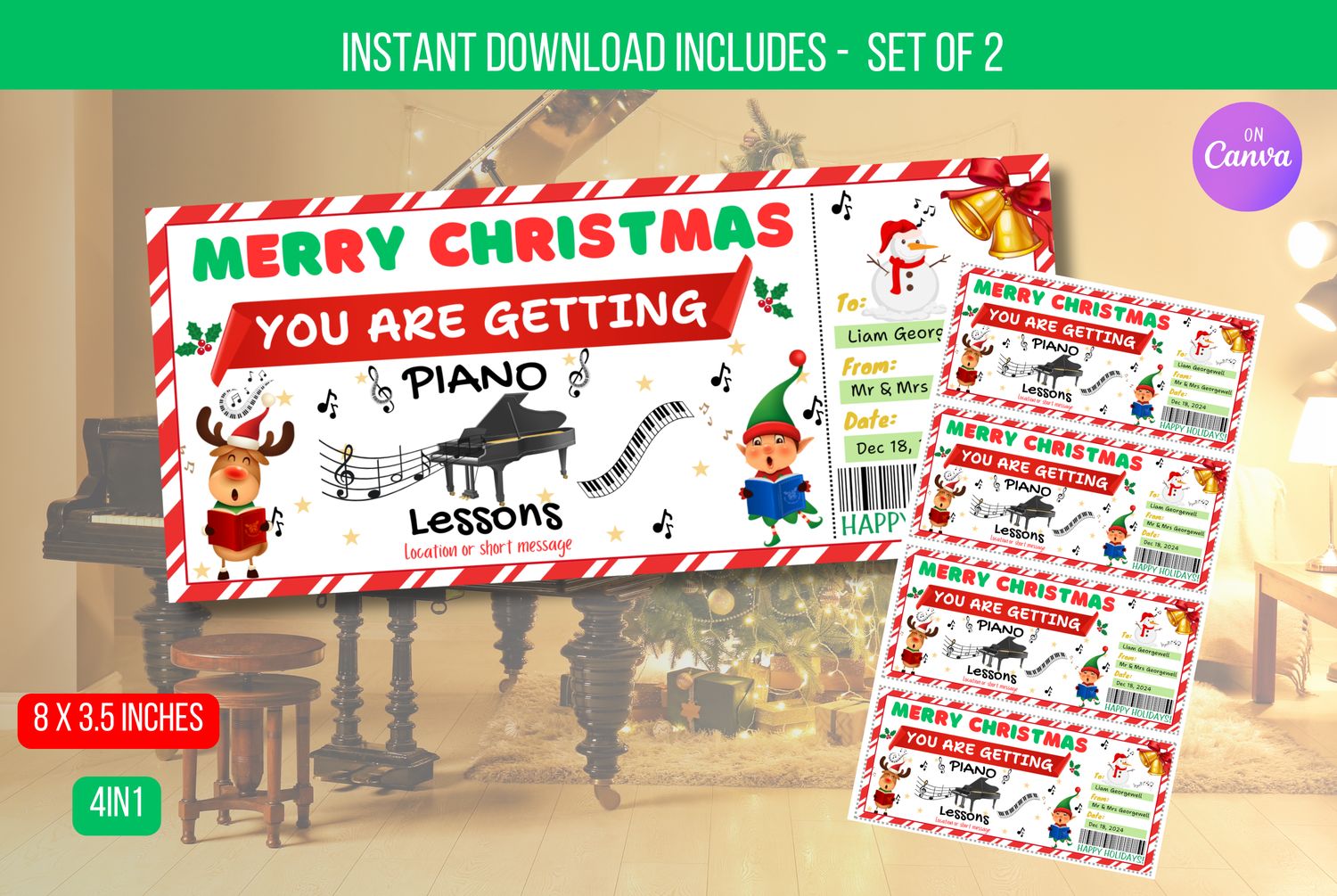 EDITABLE Piano Lessons Christmas Gift Voucher, Surprise Piano Lessons Gift Certificate Printable, Surprise Ticket Instant Download