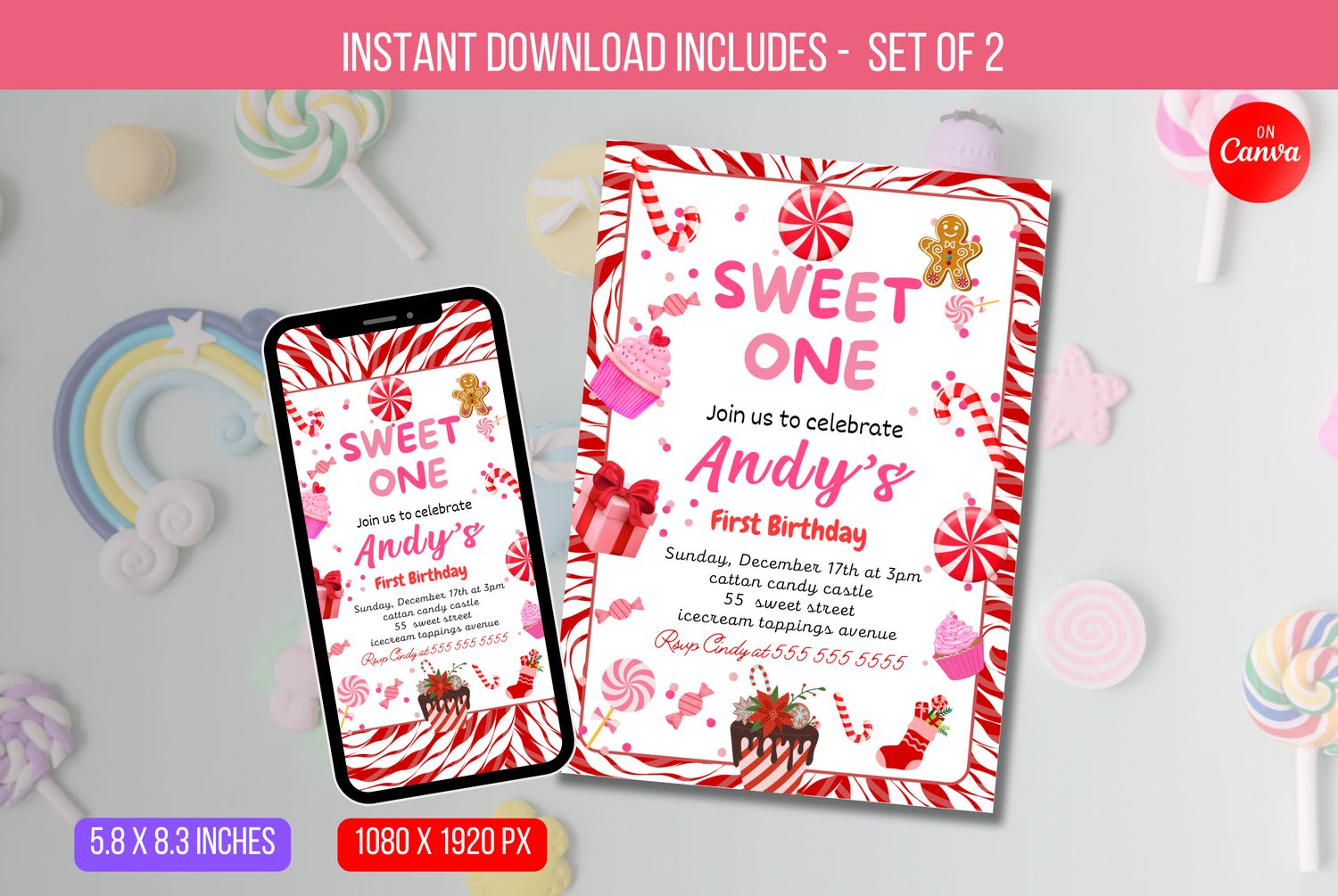 EDITABLE Sweet One Invitation, Birthday Invitation with Pastel Sweets, and First Birthday Invitation with Donuts and Candy Instant Download
