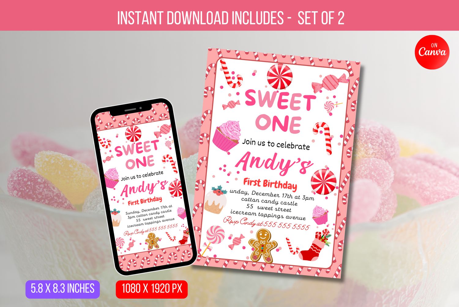 EDITABLE Sweet One Invitation, Birthday Invitation with Pastel Sweets, and First Birthday Invitation with Donuts and Candy Instant Download
