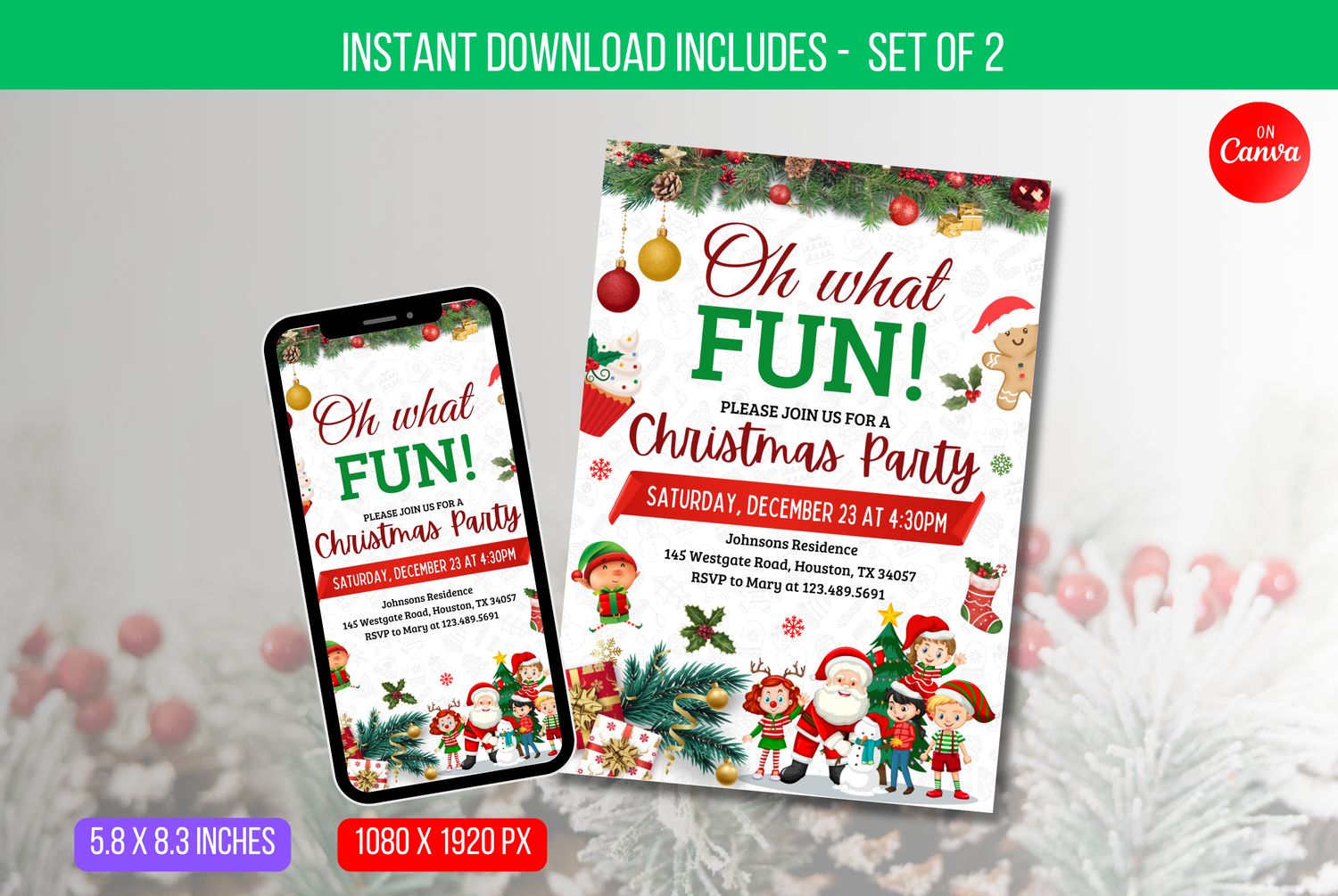 EDITABLE Oh What Fun Christmas Party Invitation, Holiday Party Invite Printable, Santa Hat Oh What Fun Invite Instant Download