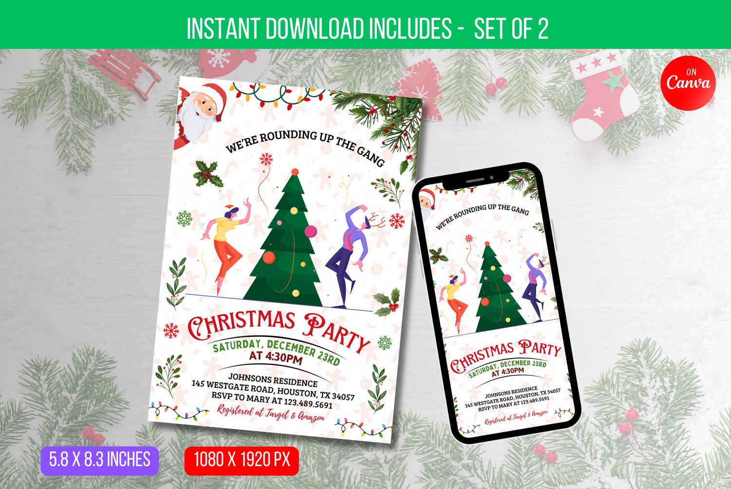 EDITABLE Christmas Party Invitation, Holiday Party Invite Printable, Santa Hat Oh What Fun Invite Instant Download