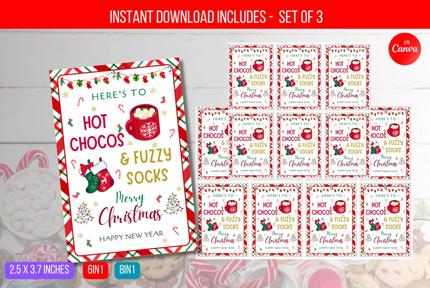 EDITABLE Hot Chocs &amp; Fuzzy Socks Tag, Christmas Gift Tag, Hot Chocolate Printable Tag, Holiday Party Favor Tag Instant Download