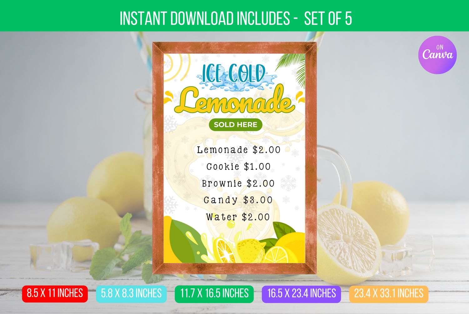 EDITABLE Ice Cold Lemonade - Cold Lemonade Sign - Cold Lemonade Decor - Cold Lemonade - Vintage Style Sign  Digital Download