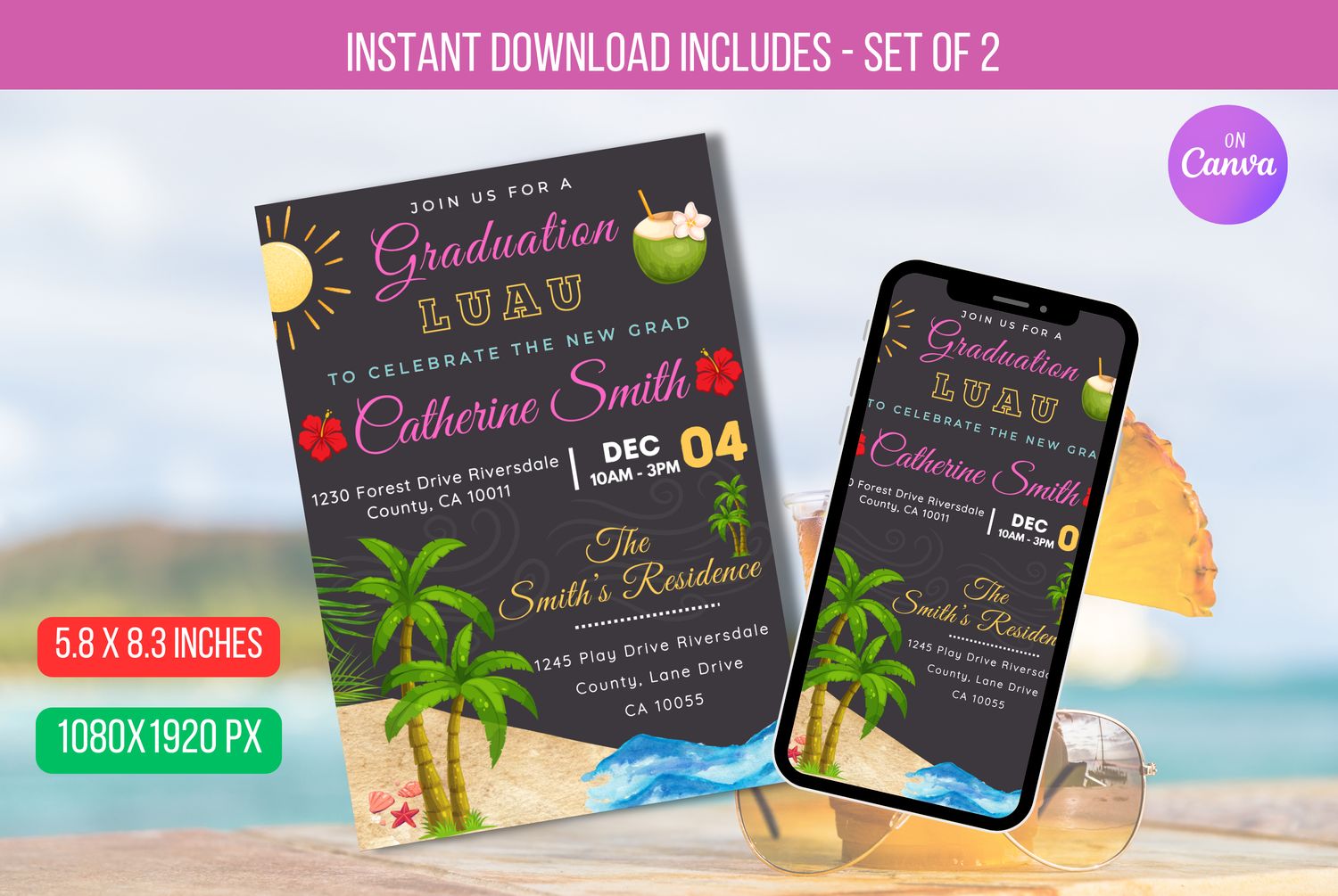 Editable Luau Graduation Invitation, High School Senior Graduate, Chalkboard Printable College Graduate Tropical Invite Download