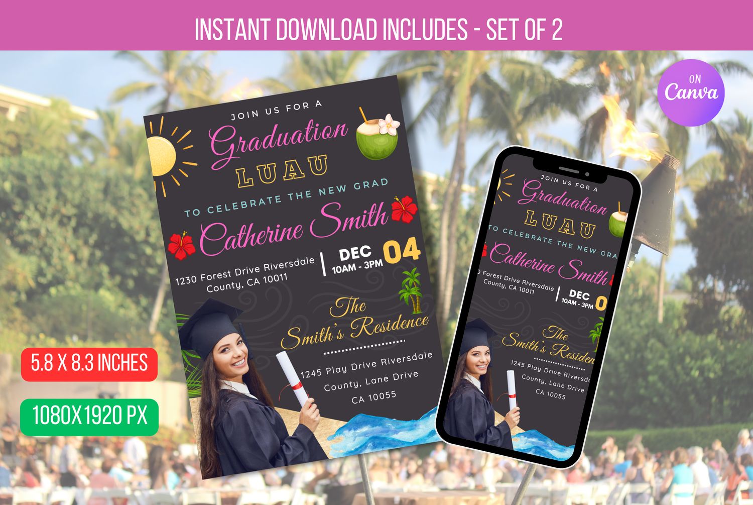 Editable Luau Graduation Invitation, High School Senior Graduate, Chalkboard Printable College Graduate Tropical Invite Download