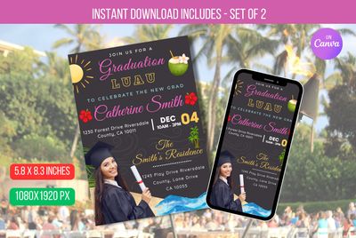 Editable Luau Graduation Invitation, High School Senior Graduate, Chalkboard Printable College Graduate Tropical Invite Download