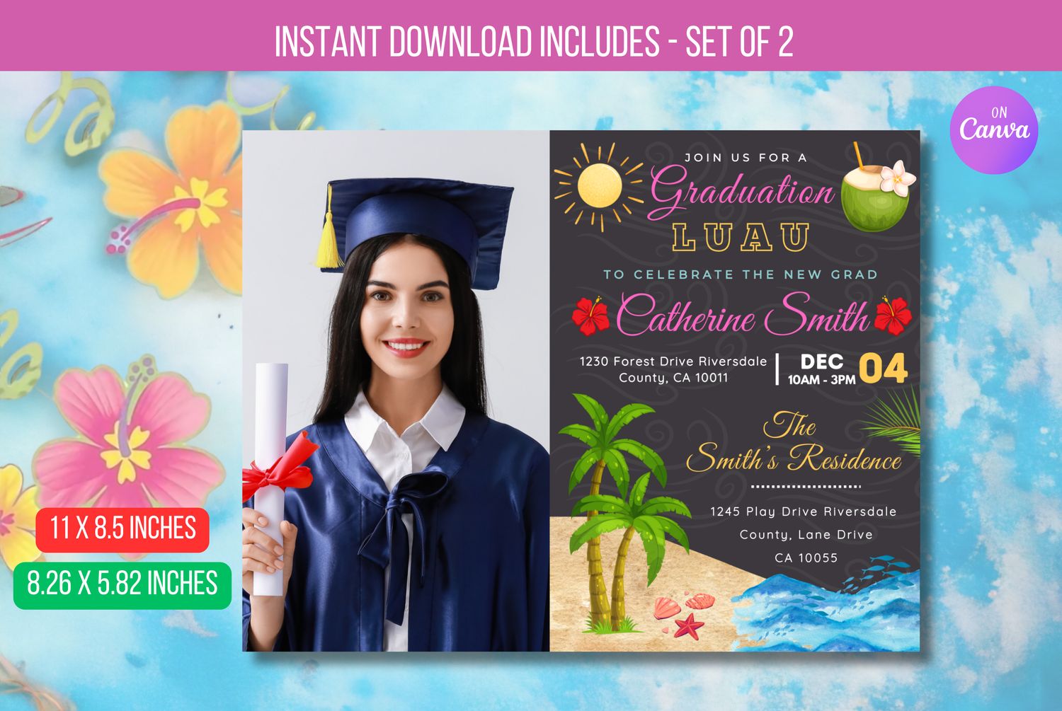 Editable Luau Graduation Invitation, High School Senior Graduate, Chalkboard Printable College Graduate Tropical Invite Download