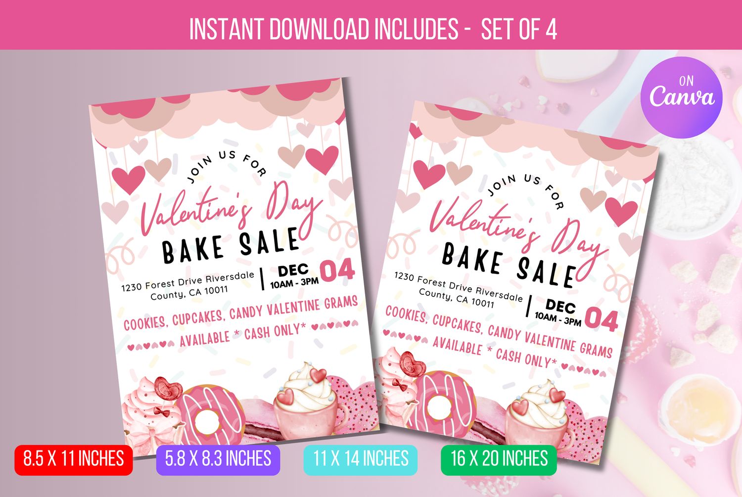 Editable Valentine&#39;s Day Bake Sale Fundraiser Flyer, Instant Download, February Event Poster, PTA PTO School Church Marketing Flyer canva