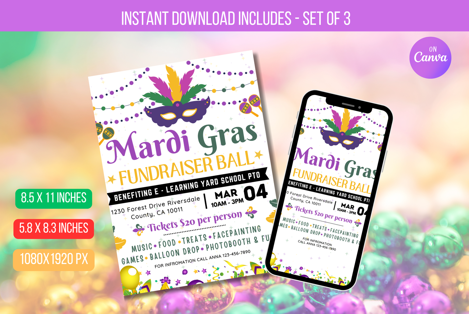 Editable Mardi Gras Invitation Flyer Template, Mardi Gras Class Party Invite, Masquerade Ball, Mardi Gras Fundraiser Invite Instant Download