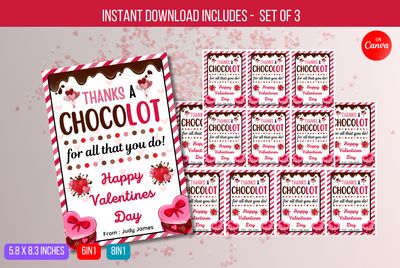 EDITABLE Thanks A Choco-Lot For All That You Do Tag, Chocolate Teacher Appreciation Gift Tag, Happy Valentine's Day Favor Tags Download