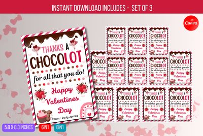 EDITABLE Thanks A Choco-Lot For All That You Do Tag, Chocolate Teacher Appreciation Gift Tag, Happy Valentine's Day Favor Tags Download