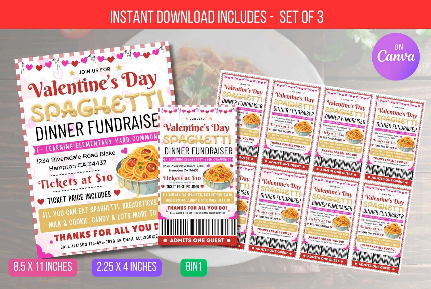 EDITABLE Valentine&#39;s Day Spaghetti Dinner Fundraiser Flyer Ticket Set, School Event Charity Community Company Church, Instant Download