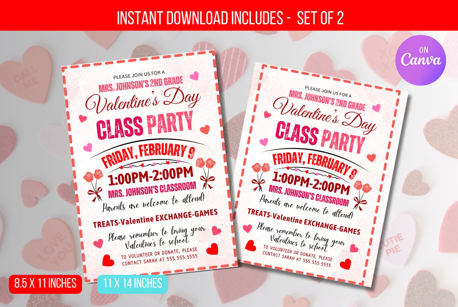 Editable Valentines Class Party Invite, School Valentine&#39;s Day Party, Elementary School Party Flyer Instant Download