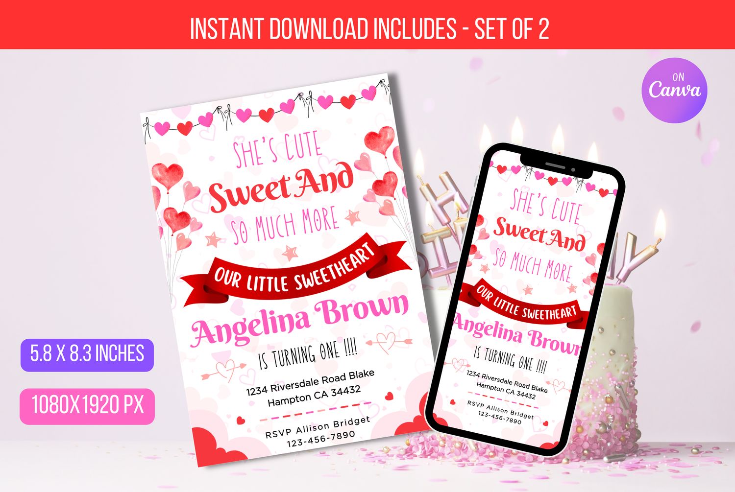 Editable She&#39;s Cute Sweet And So Much More, Valentine 1st Birthday Invitation, Heart Birthday Printable Invite Instant Download