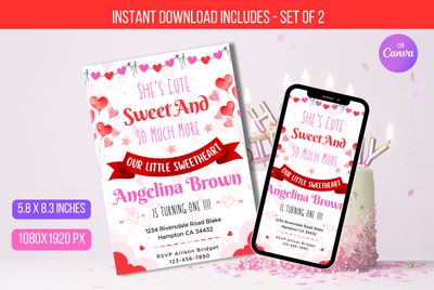 Editable She&#39;s Cute Sweet And So Much More, Valentine 1st Birthday Invitation, Heart Birthday Printable Invite Instant Download