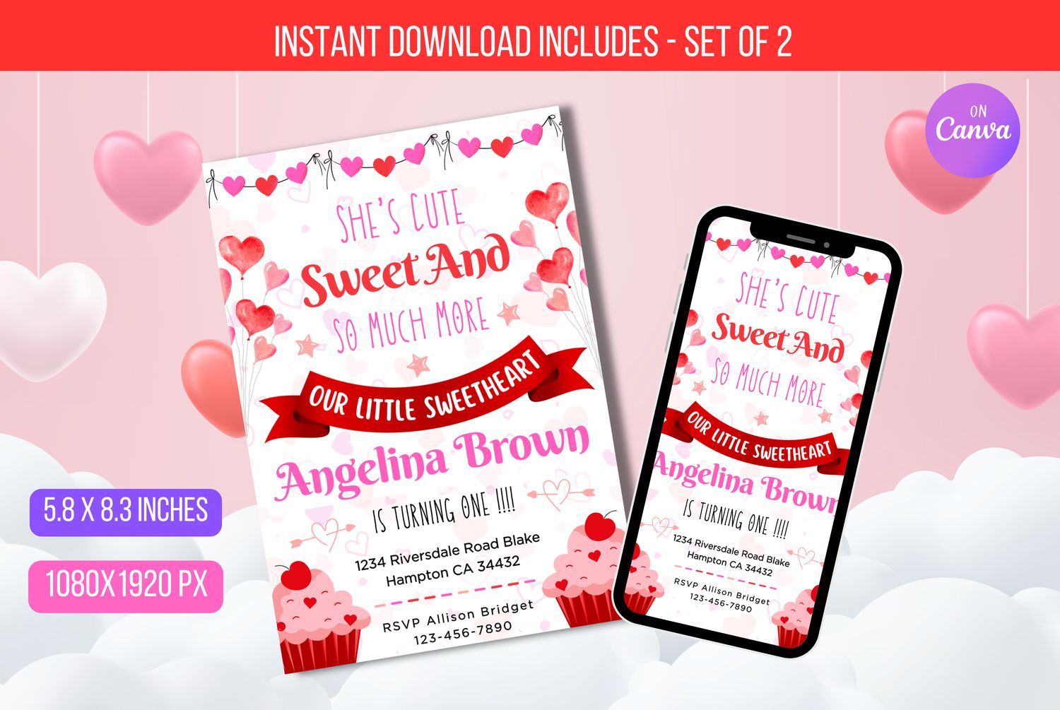 Editable She&#39;s Cute Sweet And So Much More, Valentine 1st Birthday Invitation, Heart Birthday Printable Invite Instant Download