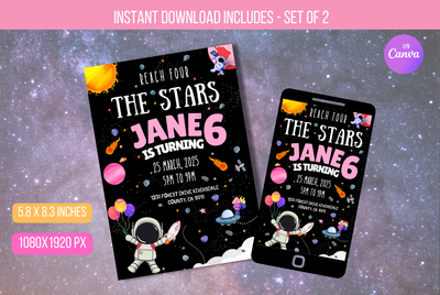 Editable Reach Four the Stars Invitation, Outer Space Planets Astronaut Birthday, Printable Space Party Invitation, E-vite Instant Download