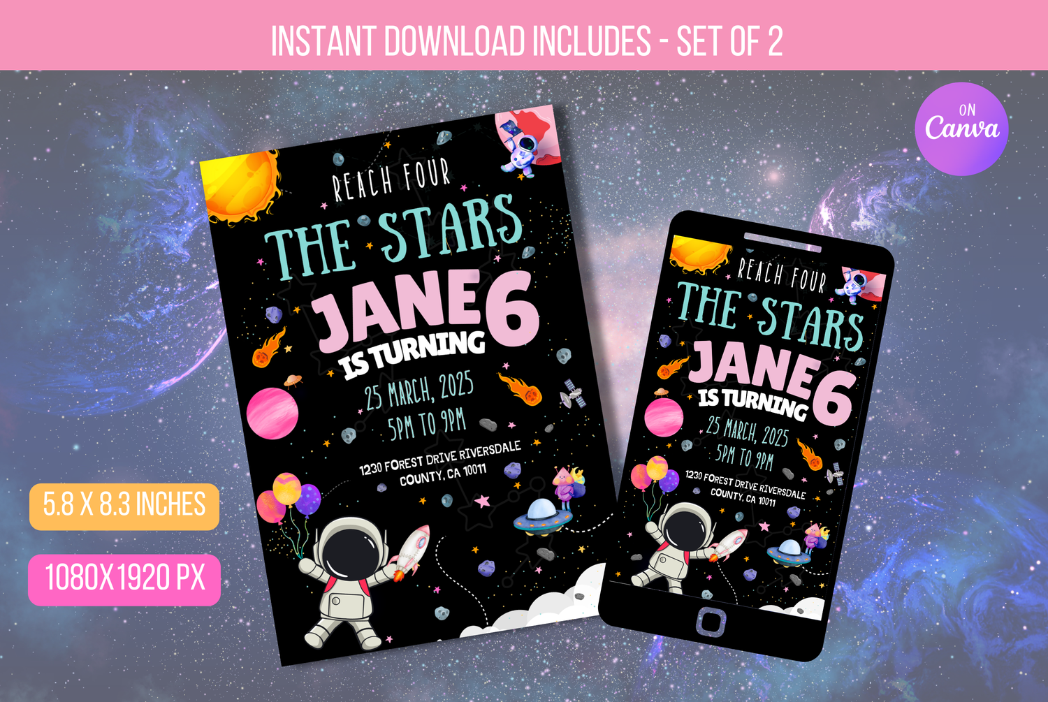 Editable Reach Four the Stars Invitation, Outer Space Planets Astronaut Birthday, Printable Space Party Invitation, E-vite Instant Download