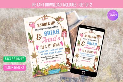 EDITABLE Cowboy Cowgirl Birthday Invitation: Blue-Pink First Rodeo Party Invitation for a Sibling with a Wild West theme Instant Download