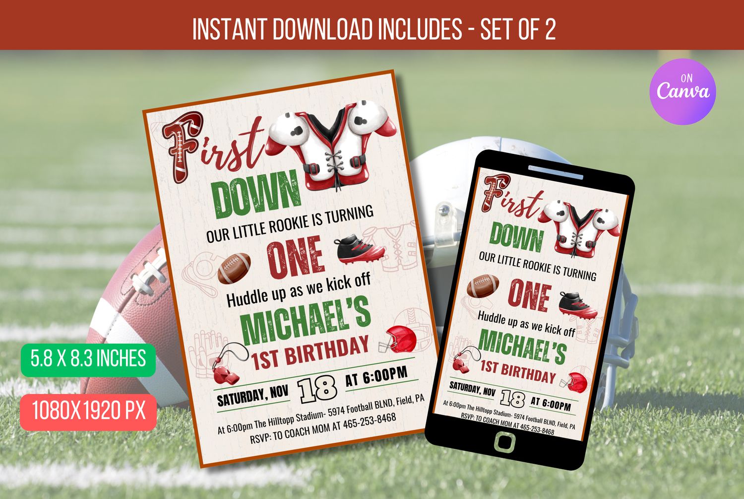 EDITABLE Football 1st Birthday Invitation, Game Time Boy First Birthday Party, First Year Down  Invite Instant Download