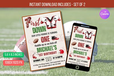 EDITABLE Football 1st Birthday Invitation, Game Time Boy First Birthday Party, First Year Down  Invite Instant Download