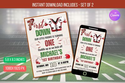 EDITABLE Football 1st Birthday Invitation, Game Time Boy First Birthday Party, First Year Down  Invite Instant Download