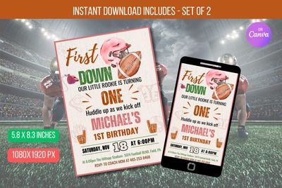 EDITABLE Football 1st Birthday Invitation, Game Time Boy First Birthday Party, First Year Down  Invite Instant Download